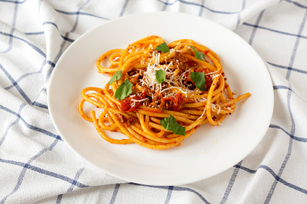 Homemade Bucatini all Amatriciana Pasta in a white plate on clot, a Food & Drink Photo by LiudmylaChuhunova