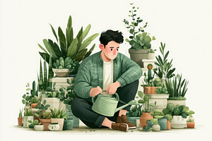 Man watering houseplants in cozy indoor garden illustration, a Business Photo by José Manuel Gelpi