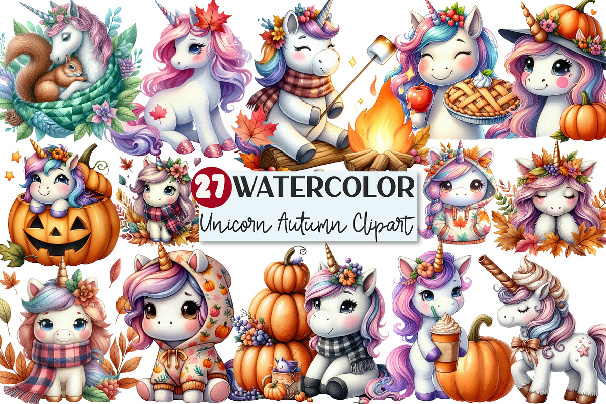Watercolor Cute Unicorn Autumn Clipa, an Illustration by Rose Art (Photo 1 of 7)