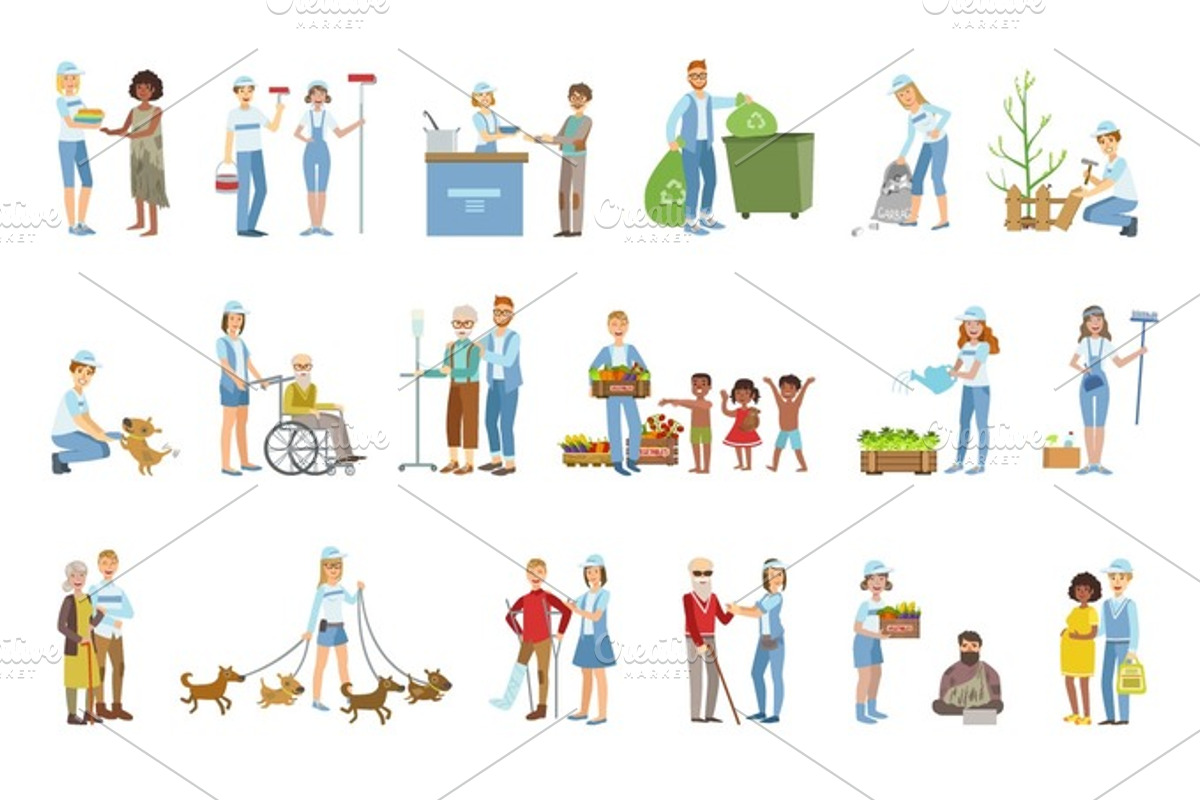 Volunteers Helping In Different Situations, an Animal Illustration by TopVectors