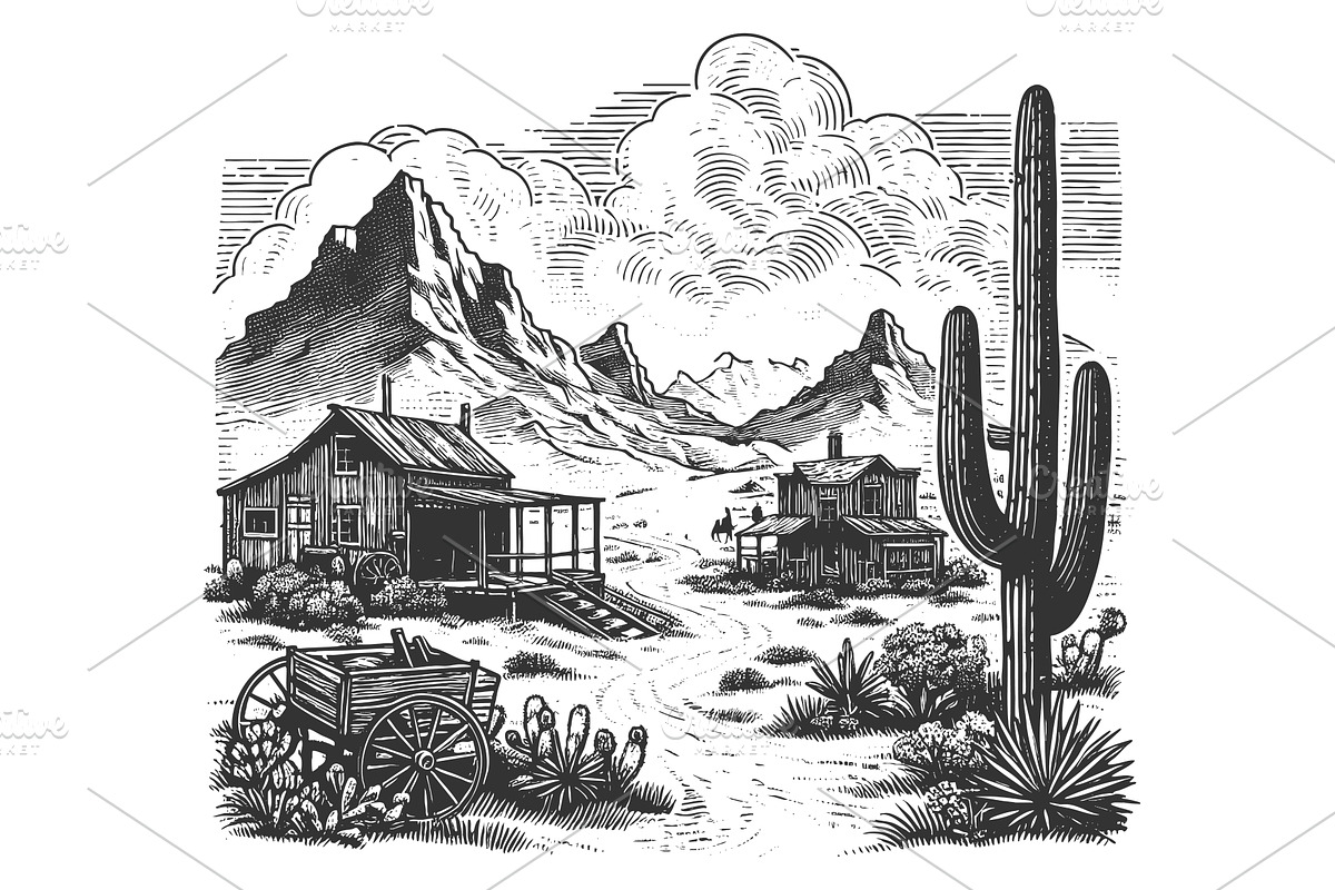 Wild West landscape engraving vector, an Illustration by AlexArt