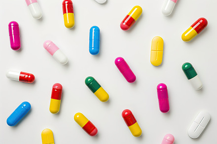 Colorful medicine pills on white background, a Health & Medical Photo by AlyaAnd