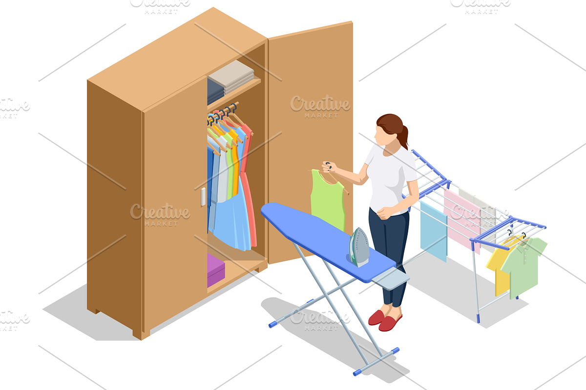 Isometric scene of a woman ironing, a Person Illustration by Golden Sikorka