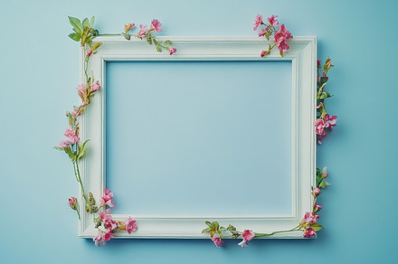 Floral frame decor on blue wall, a Photo by Beautiful things