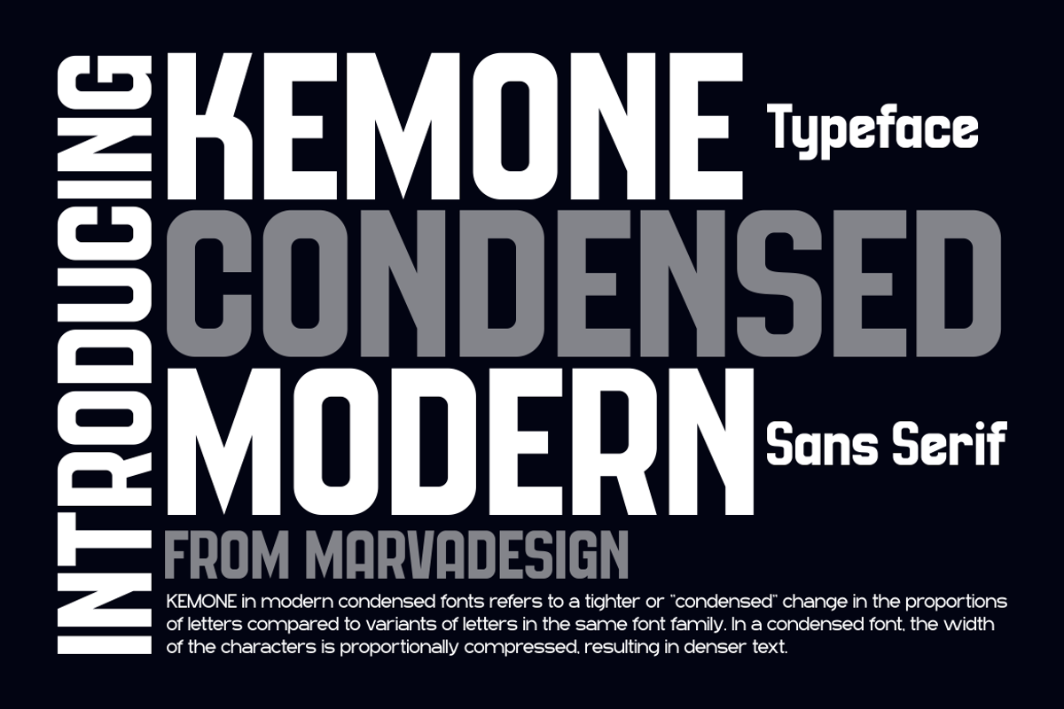 Kemone - A Modern Condensed Sans, a Sans Serif Font by Marvadesign (Photo 1 of 7)