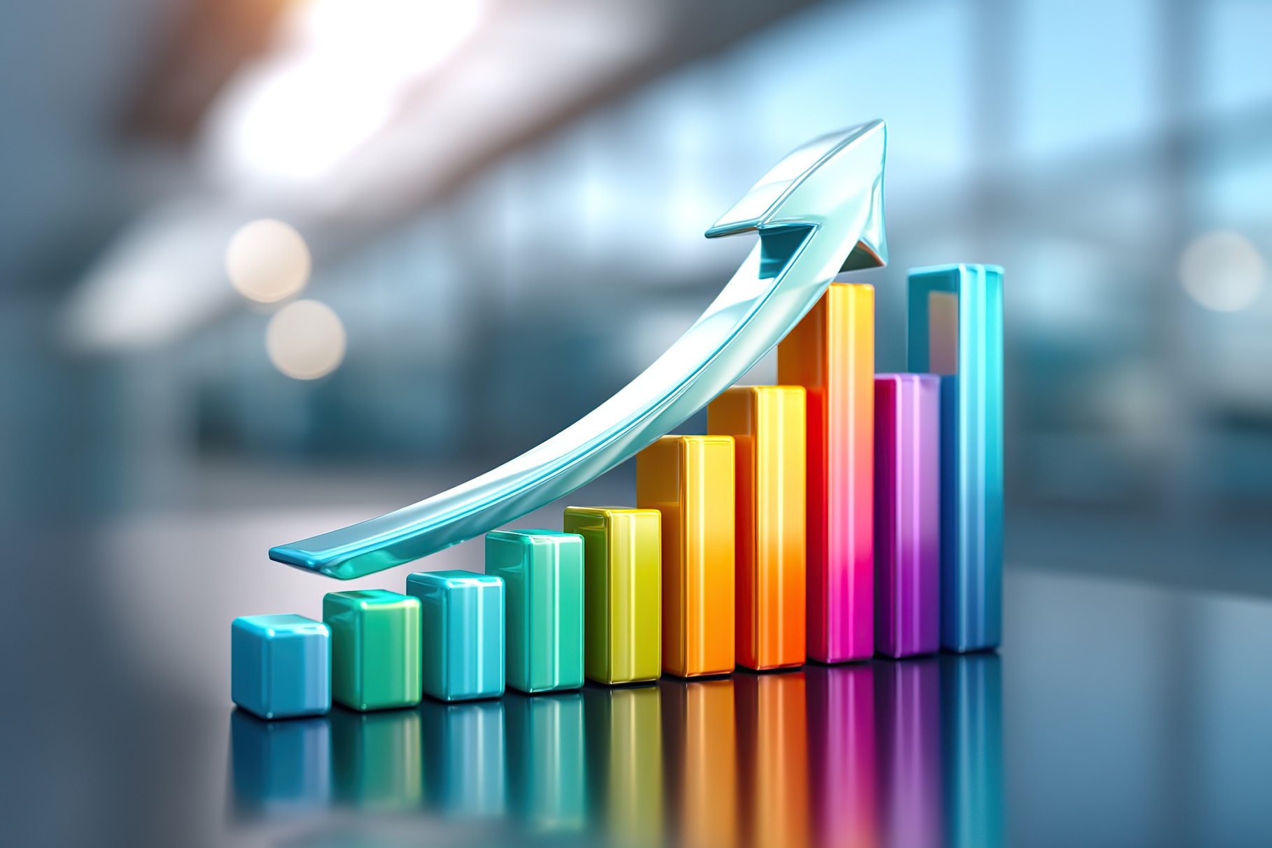 Vibrant bar graphs with an upward arrow representing business growth, a ...