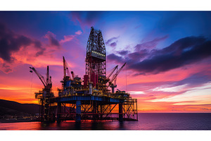 suncaptures oil rig at sunset ai, a Background Photo by pikepicture