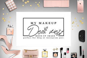 Luxury brand makeup desk post mockup containing chanel, stock photography