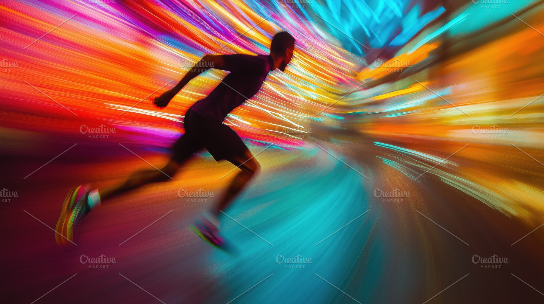 A dynamic silhouette of a runner in motion, set against a vibrant, blurred back, a Person Photo by Textures & Backgrounds