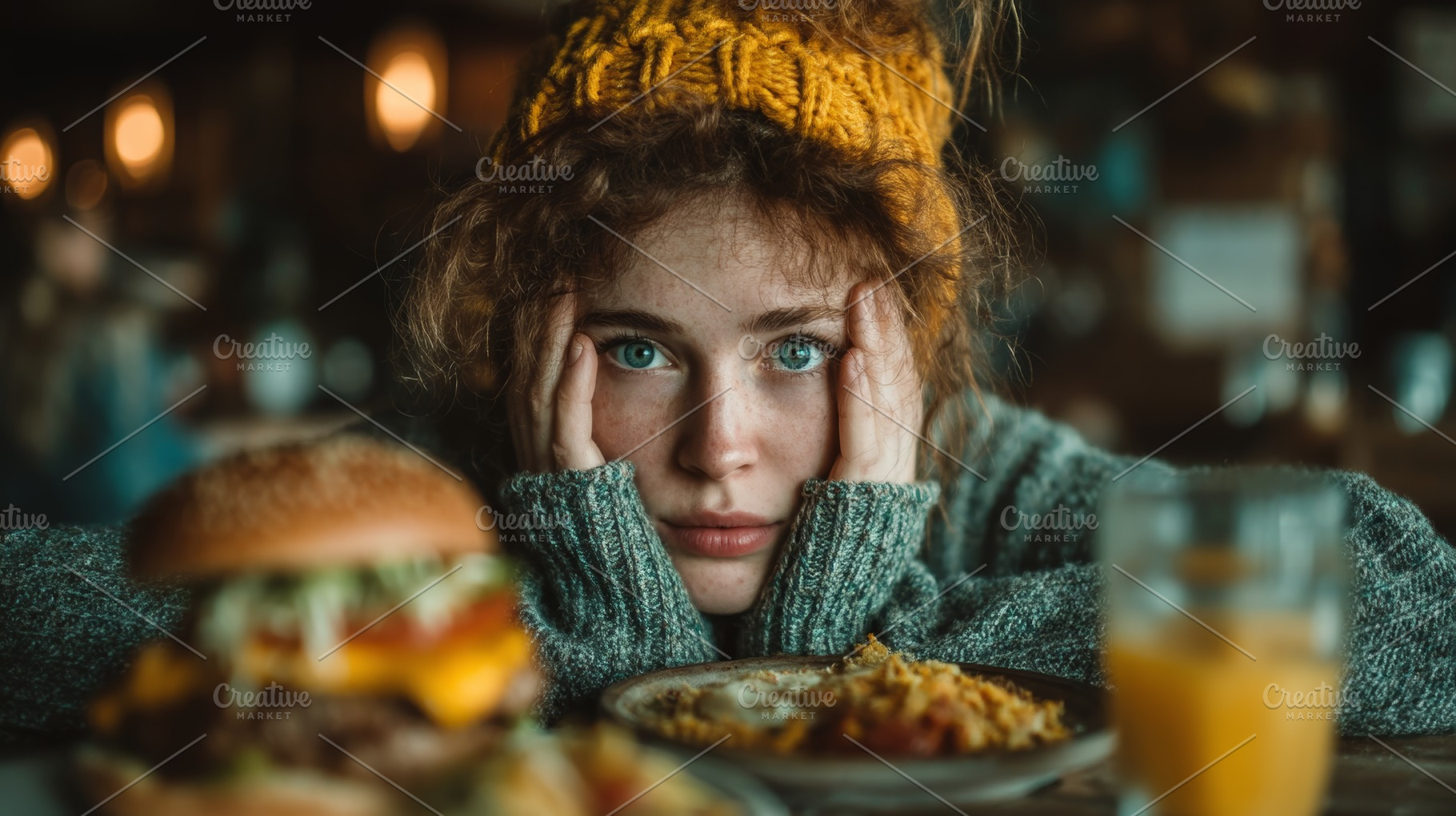 Young woman with thoughtful look sitting in a cafe with food and drink, a Photo by AS photostudio