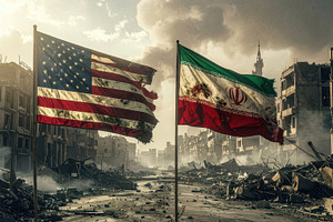 US and Iran Flags in War Ruins, an Abstract Photo by Davizro's Market