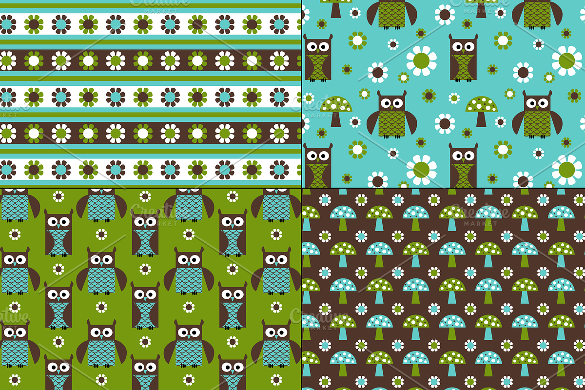 Mushroom & Owl Patterns Blue/Green preview 4
