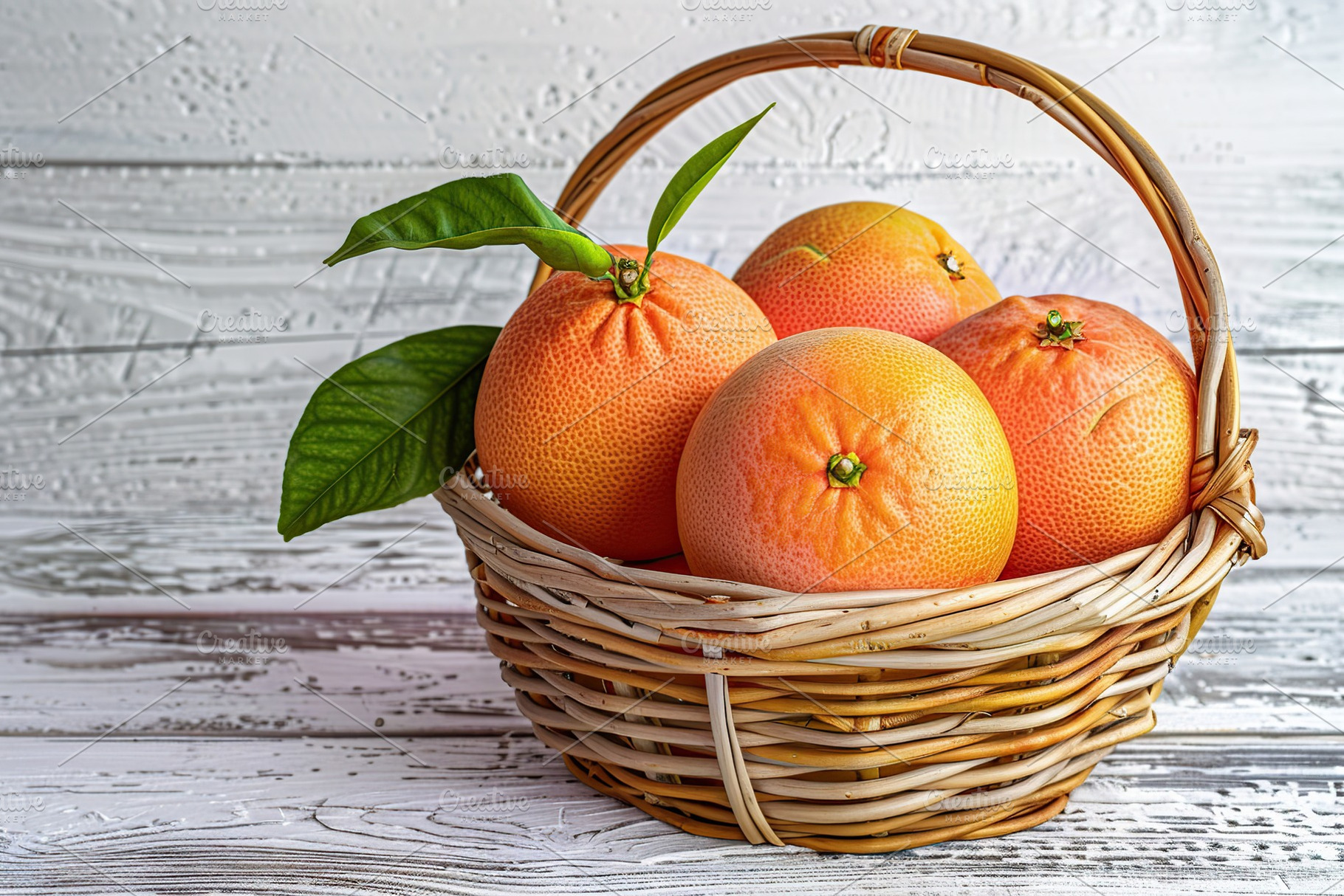Fresh grapefruits in basket on wooden background, a Food & Drink Photo by AlyaAnd