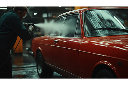 Man cleaning vintage red car with, a Person Photo by Sergey Kotenev