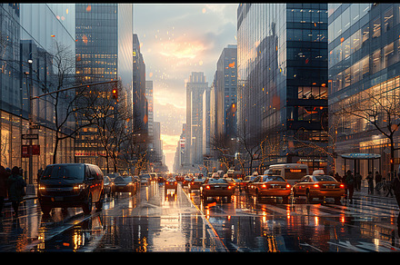 Evening downpour in a bustling city, a Photo by LOGOCREATIVE