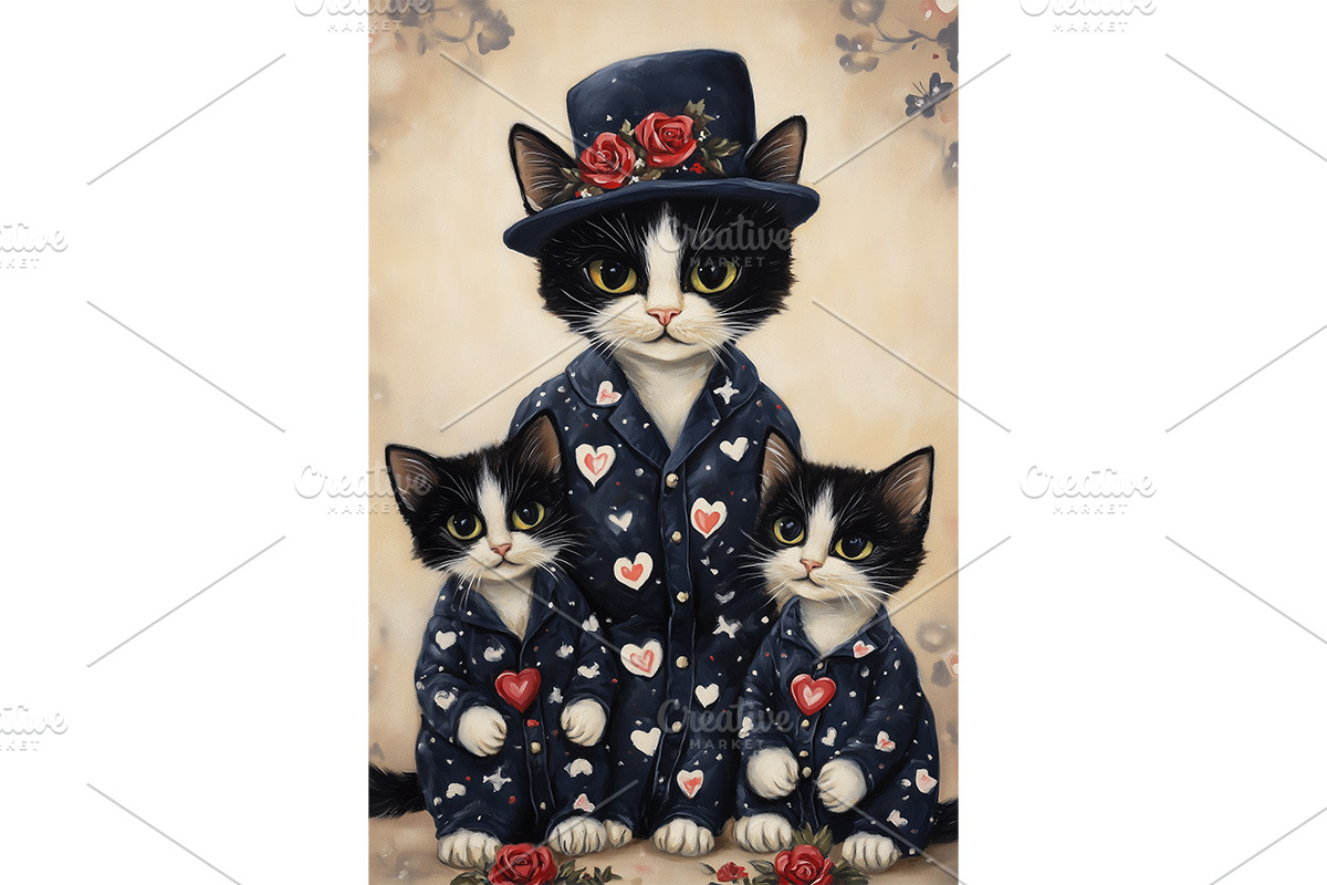 Navy Heart Texudo Cats with Roses, an Animal Illustration by Art Paradise Studios