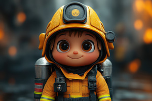 Cute cartoon firefighter character r, a Photo by Tanuart