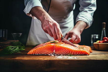 Chef cooking fresh salmon with knife on wooden board, a Food & Drink Photo by AlyaAnd