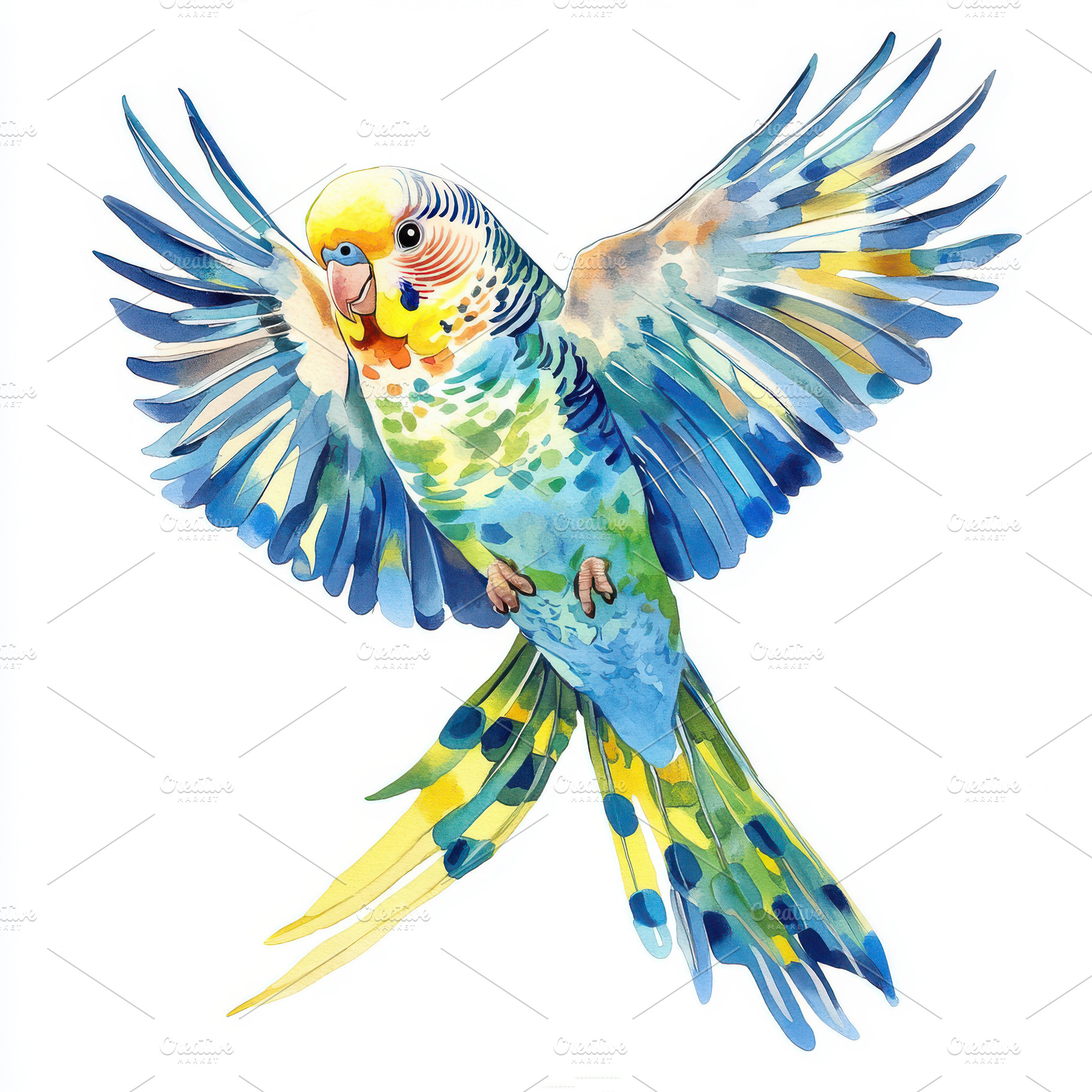 Vibrant Budgie in Flight Watercolor, an Animal Photo by Pixeness Studio