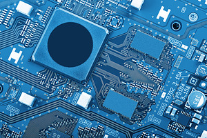 Electronic circuit board close up stock photo containing background and blue