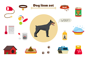 Dog care item set, object and staff
