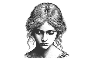 Melancholic woman engraving vector, a Person Illustration by AlexArt