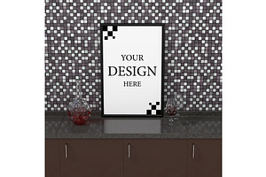 Carafe, wine glass on a mosaic wall