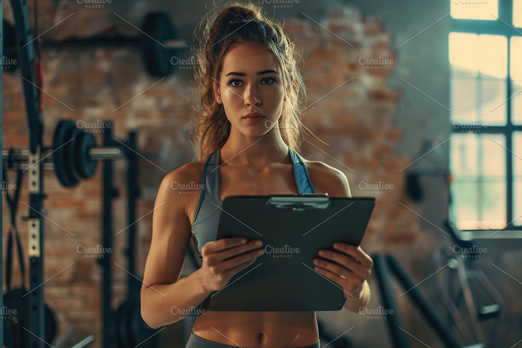 Portrait of female personal trainer with clipboard in a gym, a Person Photo by AlyaAnd