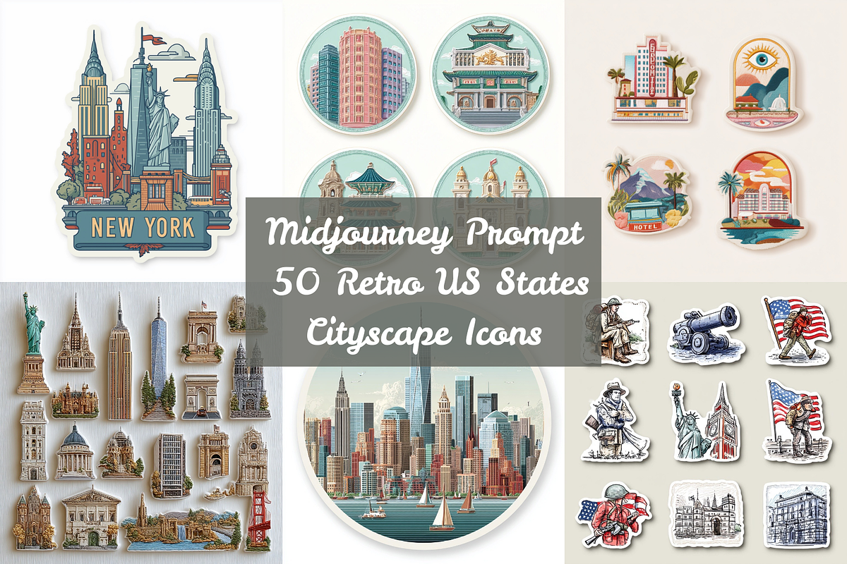 Prompt 50 Retro US Cityscape Icons, a Decorative Illustration by Creative design (Photo 1 of 7)