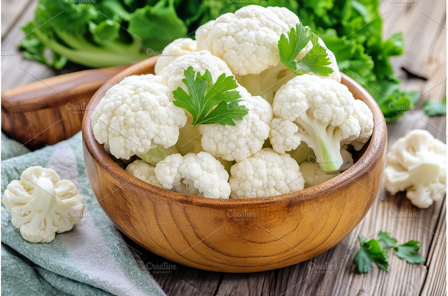 Fresh cauliflower in wooden bowl, a Food & Drink Photo by Lermont51