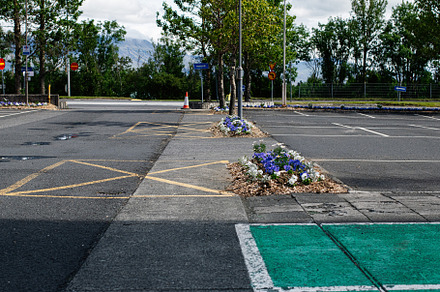 Urban parking lot with blooming flowers in Reykjavik, Iceland, under cloudy ski, a Photo by AS photostudio