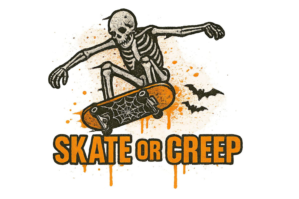 Skateboarding skeleton with Hallowee, an Illustration by Dvoevnore photos