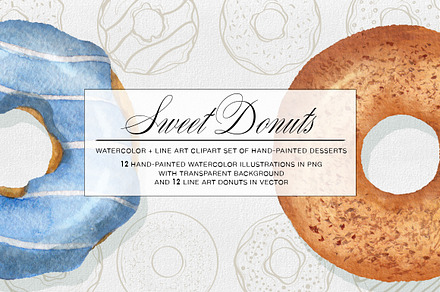 Watercolor Donuts & Line Art set