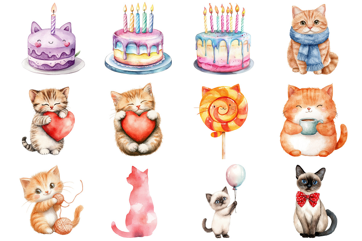 Watercolor Cats Birthday Clipart, a Seasonal Illustration by CitraGraphics (Photo 2 of 7)