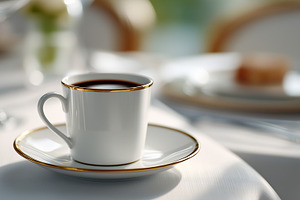Elegant white coffee cup with a gold, a Food & Drink Photo by MistyDay