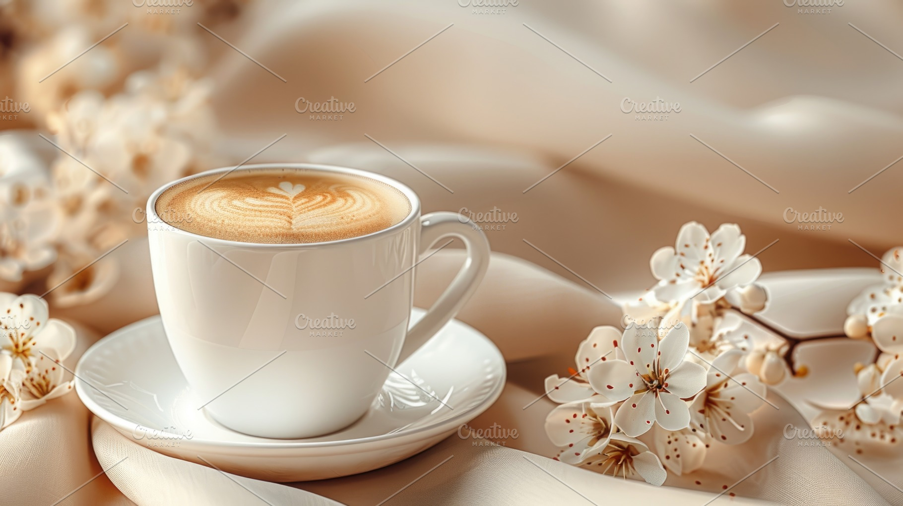 Latte art coffee cup with cherry blossoms elegant spring aesthet, a Holiday Photo by José Manuel Gelpi