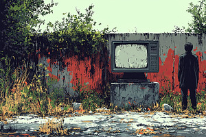 Man standing alone in overgrown area with vintage television set, an Illustration by AS photostudio