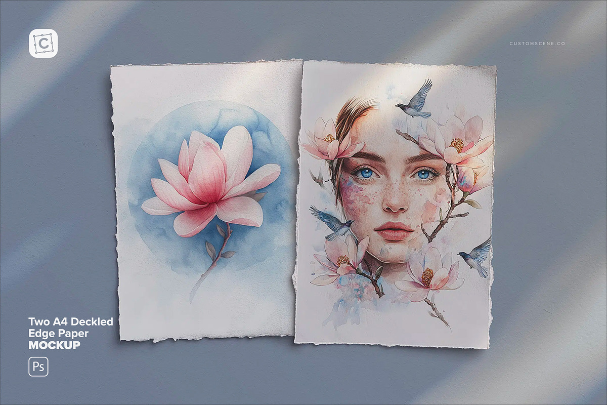 Two A4 Deckled Edge Paper Mockup, a Product Mockup by Custom Scene (Photo 1 of 10)