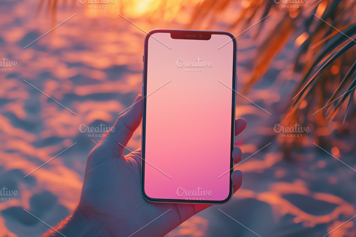 A hand holding a smartphone iPhone mockup against a vibrant sunset background o, an iPhone Mockup by Textures & Backgrounds