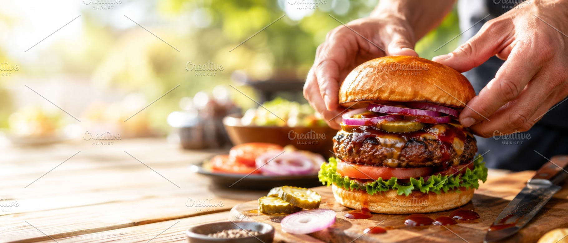 Summer BBQ burger being prepared on, a Photo by Dvoevnore photos