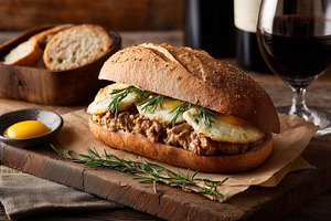 Gourmet sandwich with ground meat, a Food & Drink Photo by MistyDay