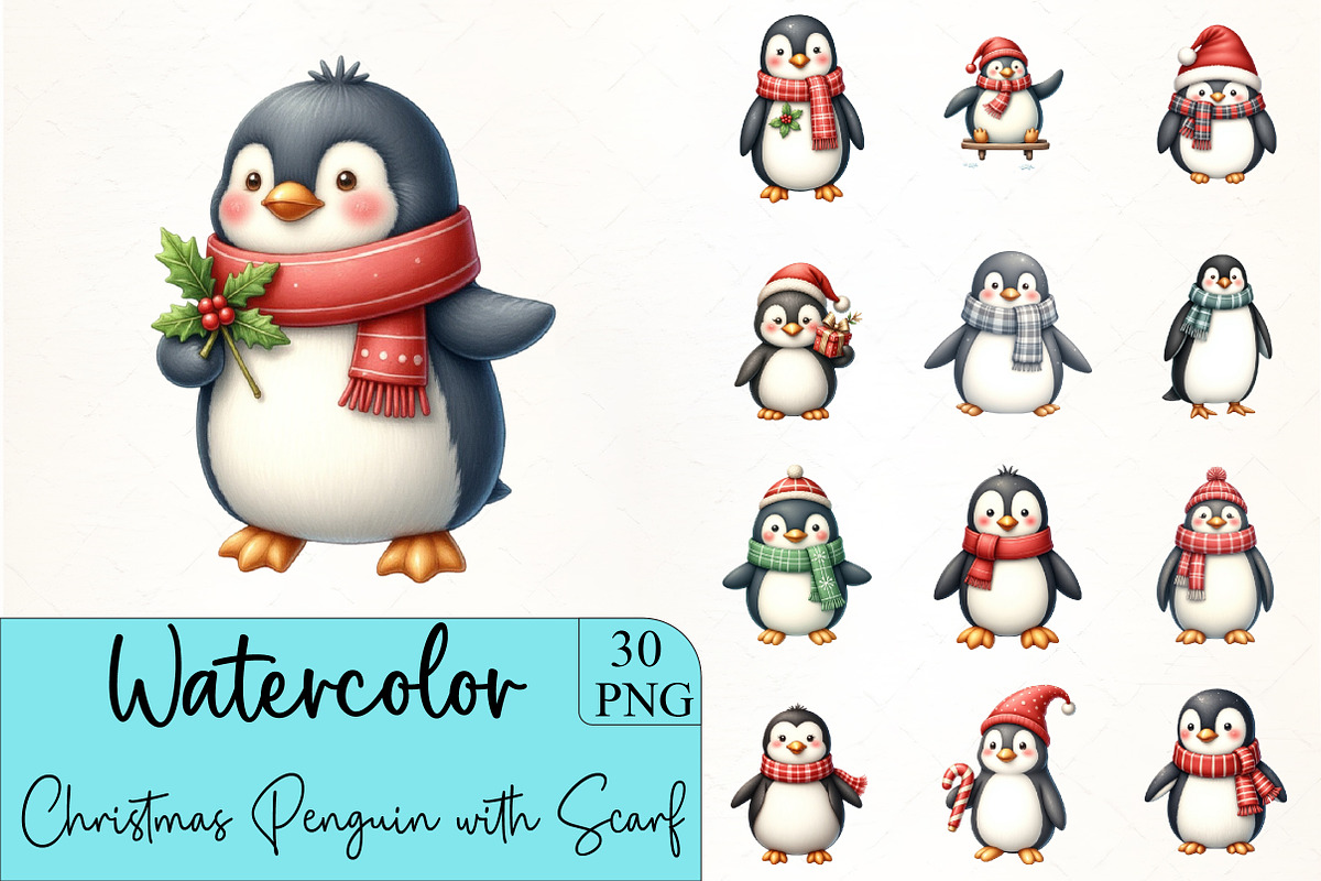 Christmas Penguin with Scarf Clipart, an Illustration by CrexoraLab (Photo 1 of 5)
