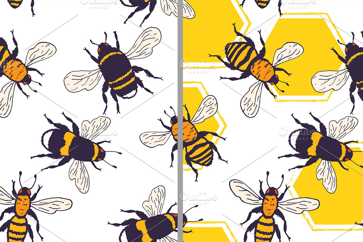Bees set, illustrations + patterns, an Animal Illustration by OKart.studio (Photo 4 of 6)
