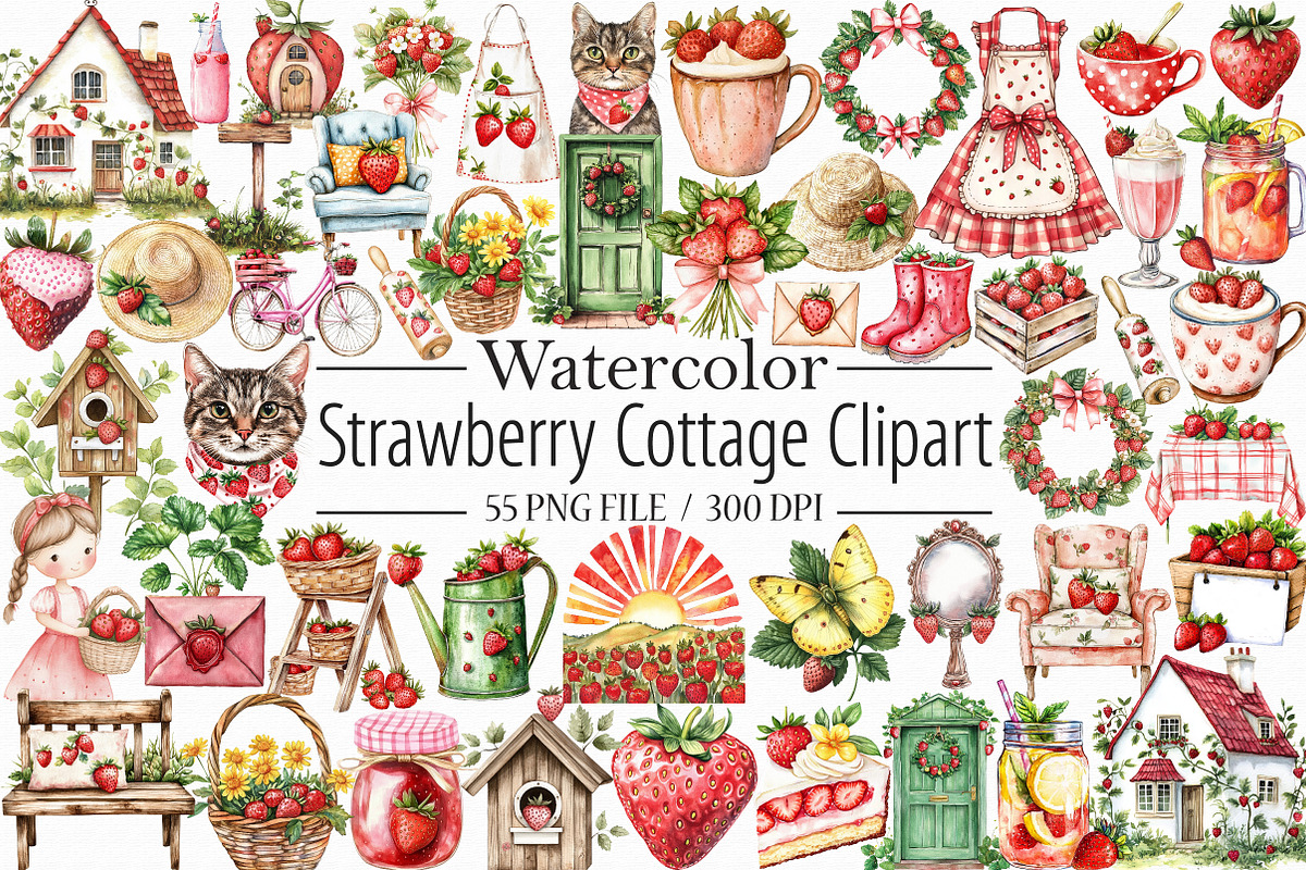 Strawberry Cottage PNG Clipart Bundl, an Illustration by Libby Wishes (Photo 1 of 5)