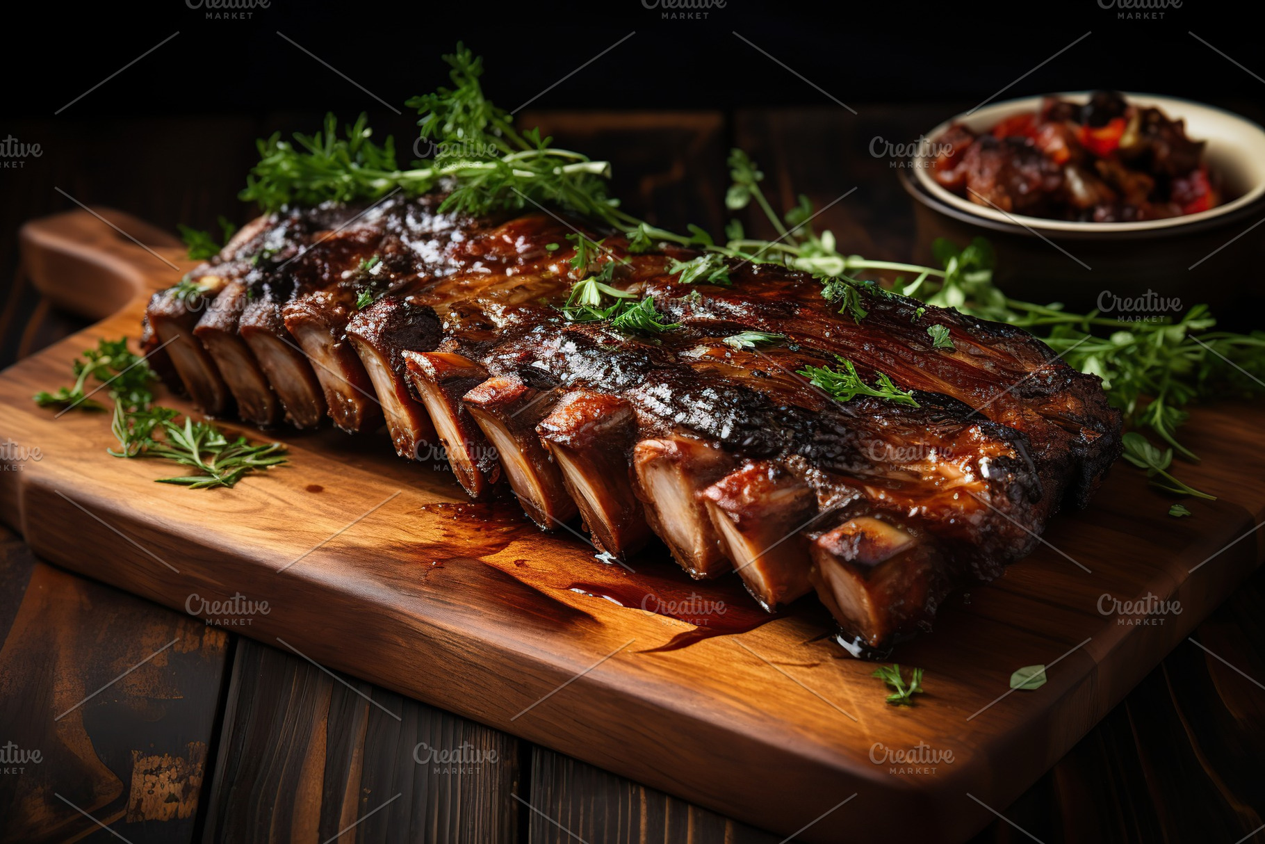 BBQ grilled ribs meat on wooden board, a Food & Drink Photo by AlyaAnd