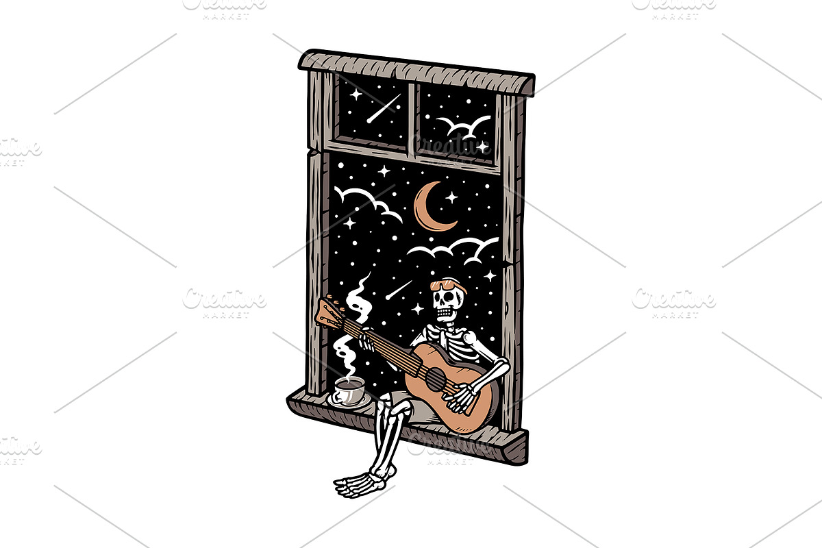Skull playing guitar in the window, a Food Illustration by gunaonedesign (Photo 1 of 5)