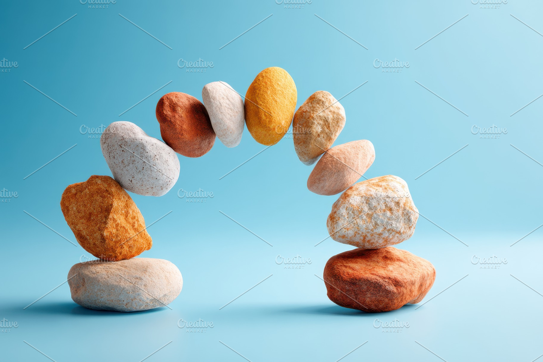 Colorful pebble arch on blue background, an Abstract Photo by AlyaAnd