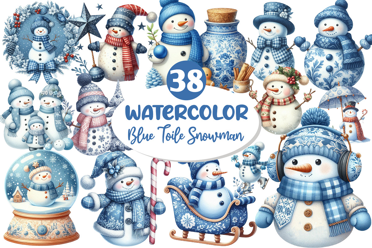 Christmas Blue Toile Snowman Clipart, an Illustration by Dream Creation (Photo 1 of 7)