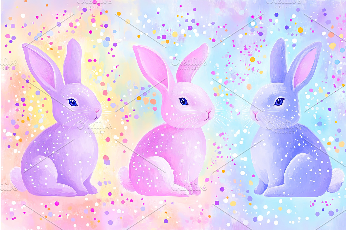 Colorful trio of bunnies against a, an Illustration by Lermont51