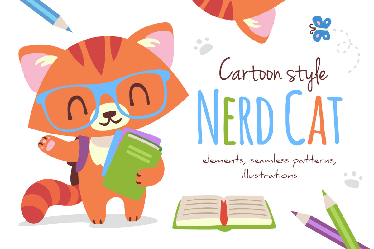 Cartoon Nerd cat set, an Animal Illustration by SunnyWS (Photo 1 of 4)